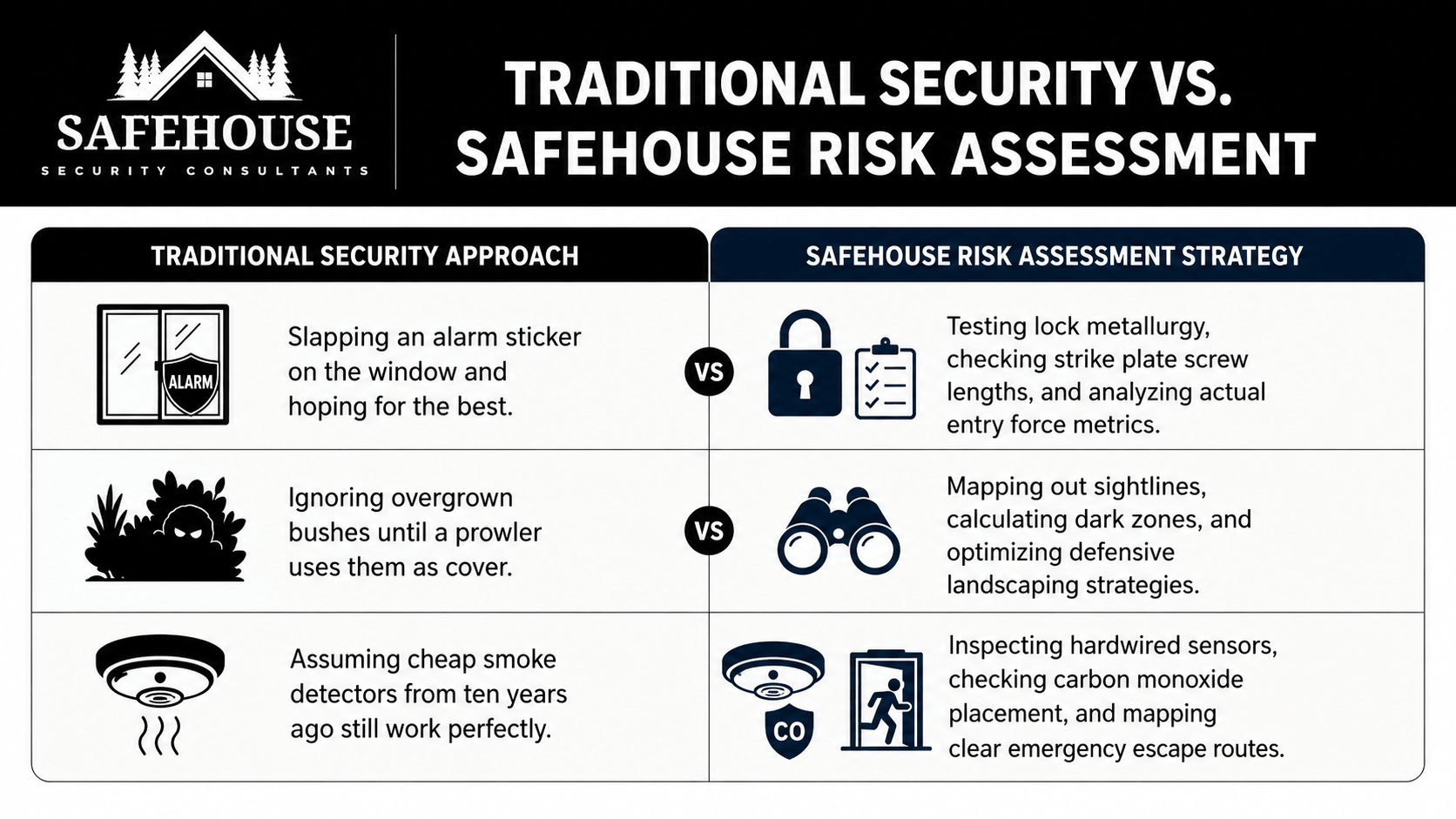 Infographic comparing traditional home security methods with a professional residential risk assessment, highlighting differences in entry point analysis, landscape visibility, lock inspection, smoke detector evaluation, carbon monoxide placement, and emergency escape planning.