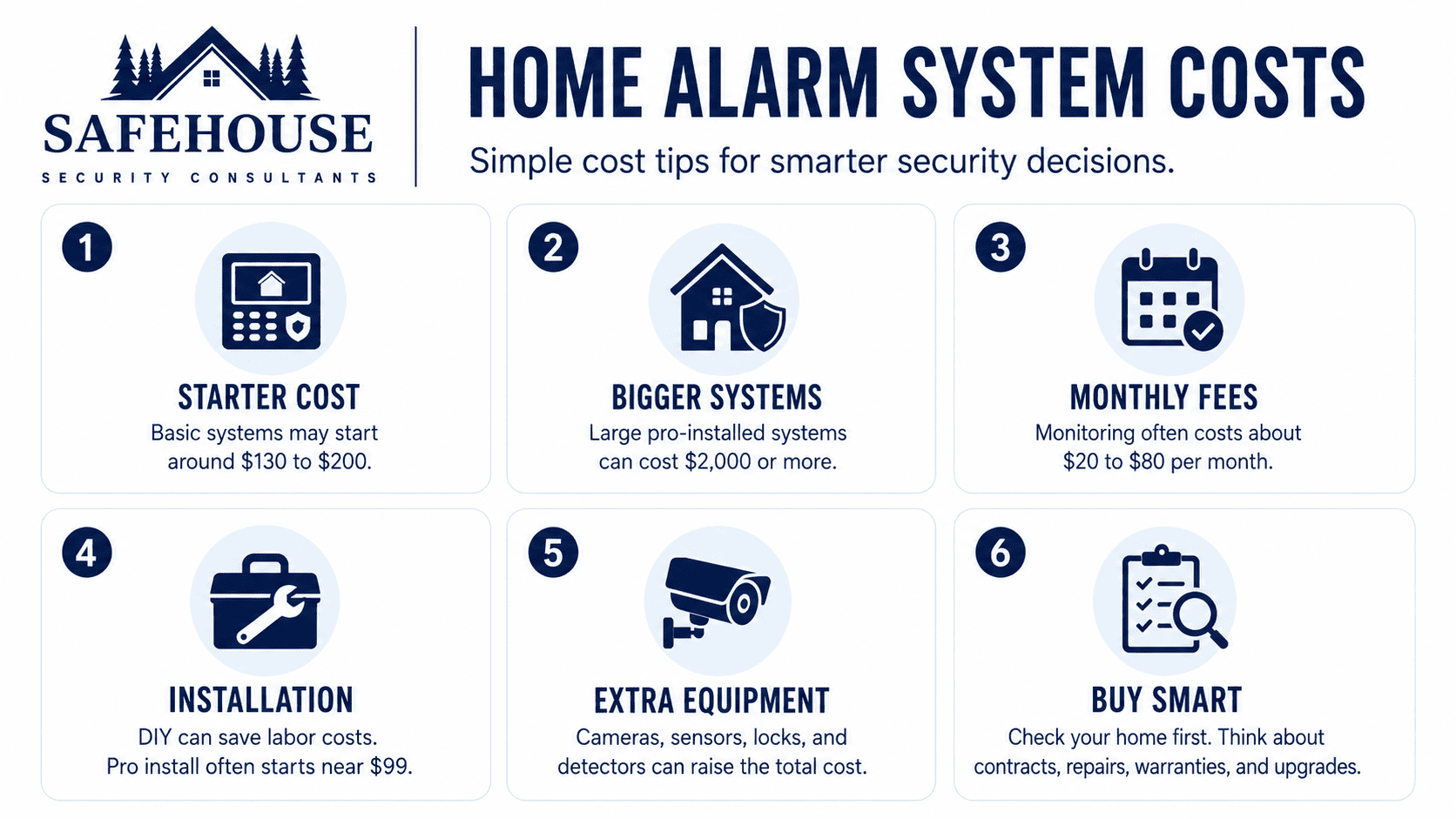 SafeHouse Security Consultants infographic explaining home alarm system costs, including starter prices, installation, monthly monitoring fees, and extra equipment.