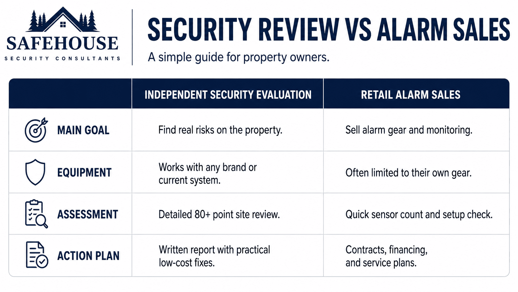 Infographic comparing an independent security evaluation with retail alarm sales, covering goals, equipment flexibility, assessment depth, and recommended action plans for property owners.