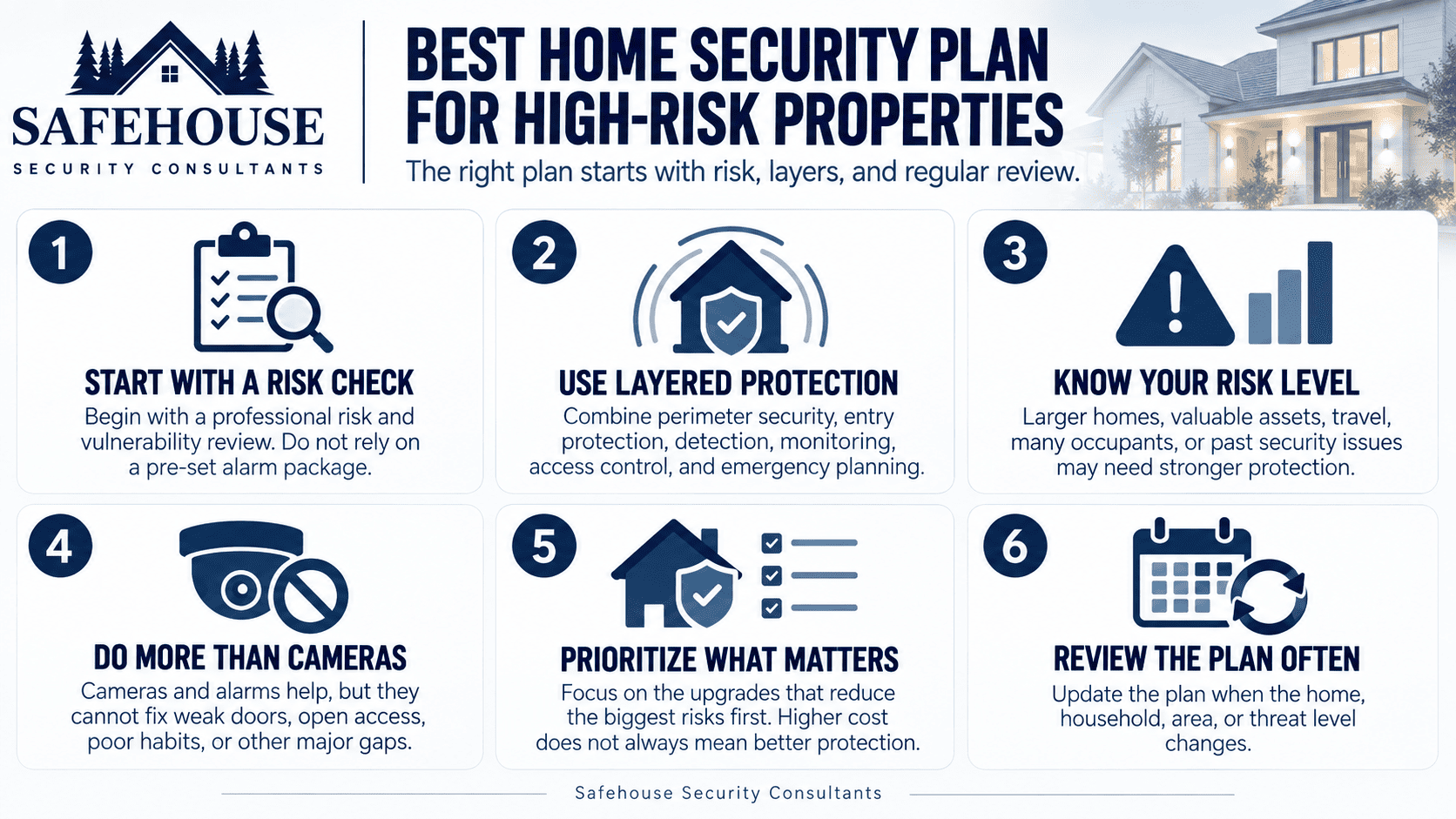 Home security plan infographic showing six steps for high-risk properties, including risk assessment, layered protection, security upgrades, and regular reviews.