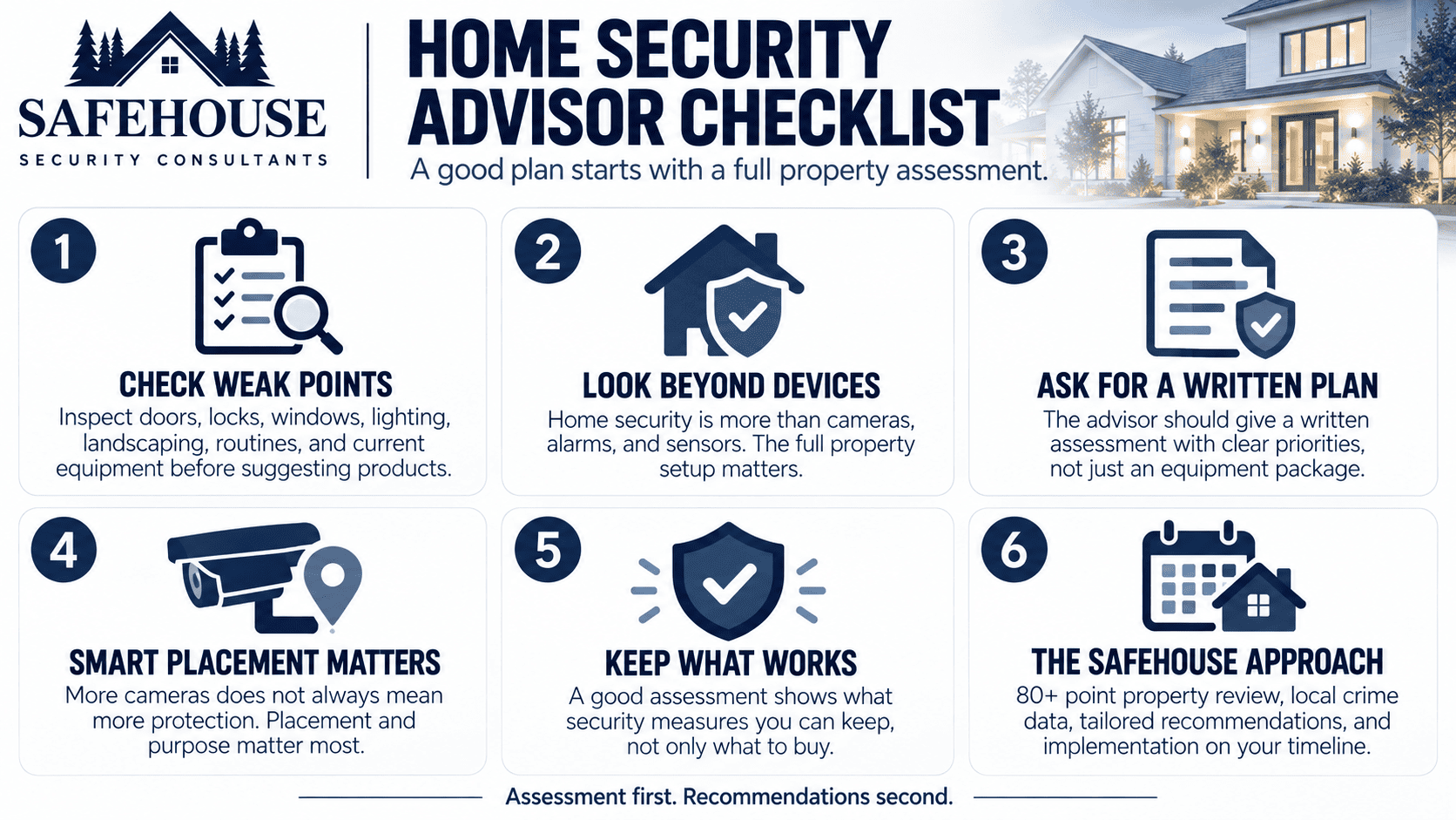 Home Security Advisor checklist showing six steps for a property assessment, including weak points, device placement, a written plan, and tailored security recommendations.