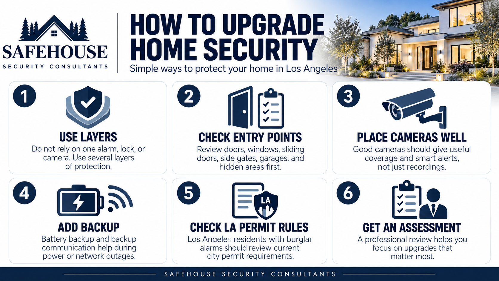 SafeHouse Security Consultants infographic showing six ways to upgrade home security in Los Angeles, including layered protection, entry-point checks, cameras, backup power, permit rules, and professional assessments.